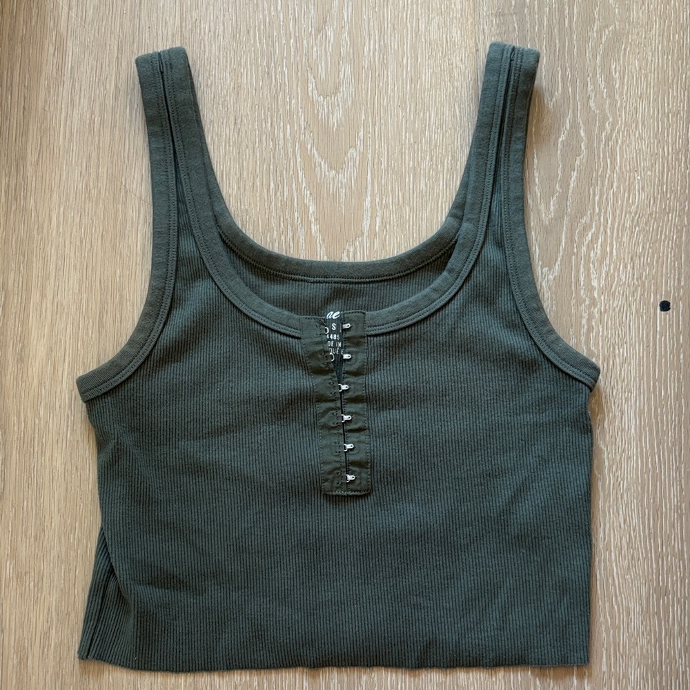 Aerie Olive Green Ribbed Hook-Front Tank
